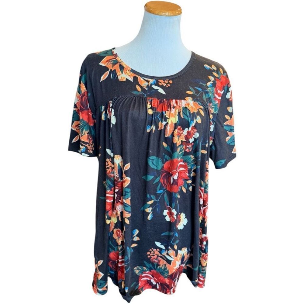 WomensâShein Curve Plus Floral Print Scoop Neck Short Sleeve Top Blouse - Sz XXL